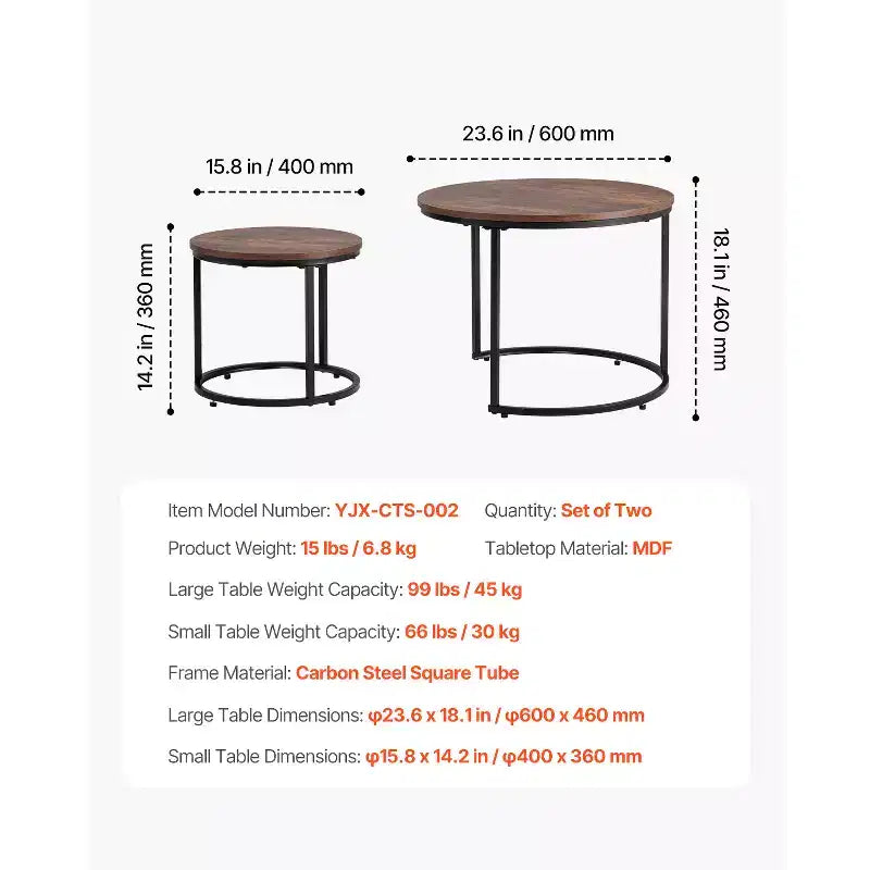 Lot de 2 tables basses gigognes vintage marron et noir, tables d'appoint rondes à cadre métallique de 60 cm pour petit salon