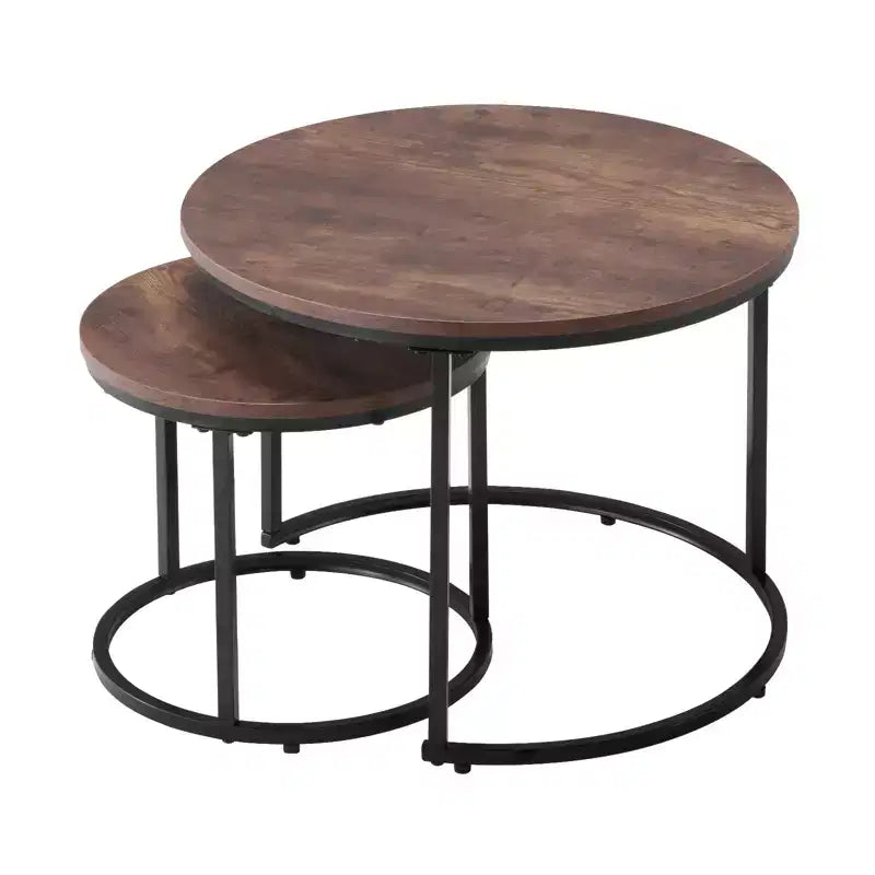 Lot de 2 tables basses gigognes vintage marron et noir, tables d'appoint rondes à cadre métallique de 60 cm pour petit salon