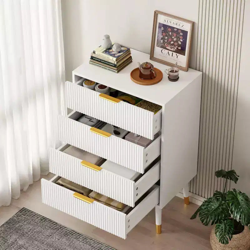 Lot de 2 commodes à 4 tiroirs pour chambre à coucher, commode de rangement moderne en bois, pieds en métal et poignées dorées, organisateur de placard résistant à l'eau pour la maison