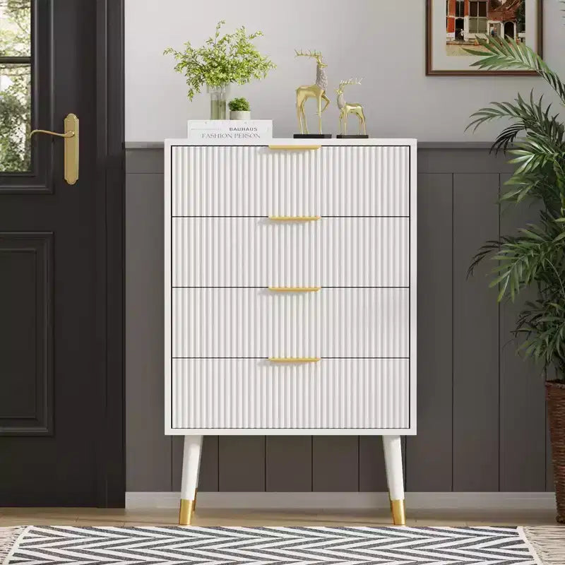 Lot de 2 commodes à 4 tiroirs pour chambre à coucher, commode de rangement moderne en bois, pieds en métal et poignées dorées, organisateur de placard résistant à l'eau pour la maison