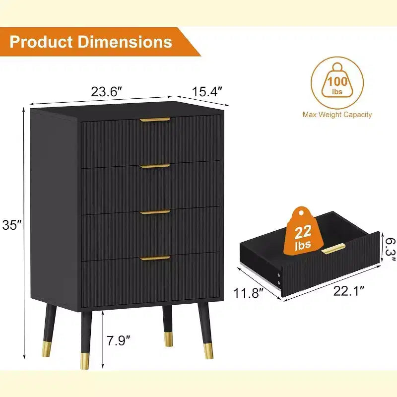 Lot de 2 commodes à 4 tiroirs pour chambre à coucher, commode de rangement moderne en bois, pieds en métal et poignées dorées, organisateur de placard résistant à l'eau pour la maison