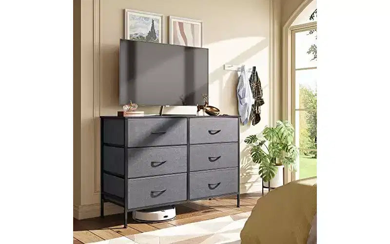 Commode DEXYLLO pour chambre à coucher avec 6 tiroirs, grande commode meuble TV pour téléviseur de 50 pouces, commode grise avec cadre métallique, plateau en bois, gris foncé