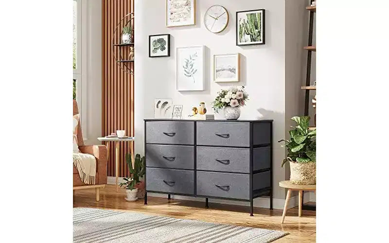 Commode DEXYLLO pour chambre à coucher avec 6 tiroirs, grande commode meuble TV pour téléviseur de 50 pouces, commode grise avec cadre métallique, plateau en bois, gris foncé