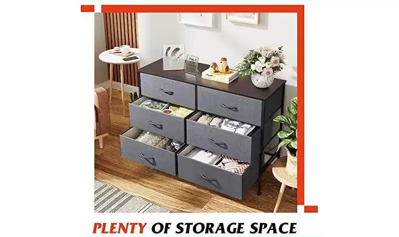 Commode DEXYLLO pour chambre à coucher avec 6 tiroirs, grande commode meuble TV pour téléviseur de 50 pouces, commode grise avec cadre métallique, plateau en bois, gris foncé