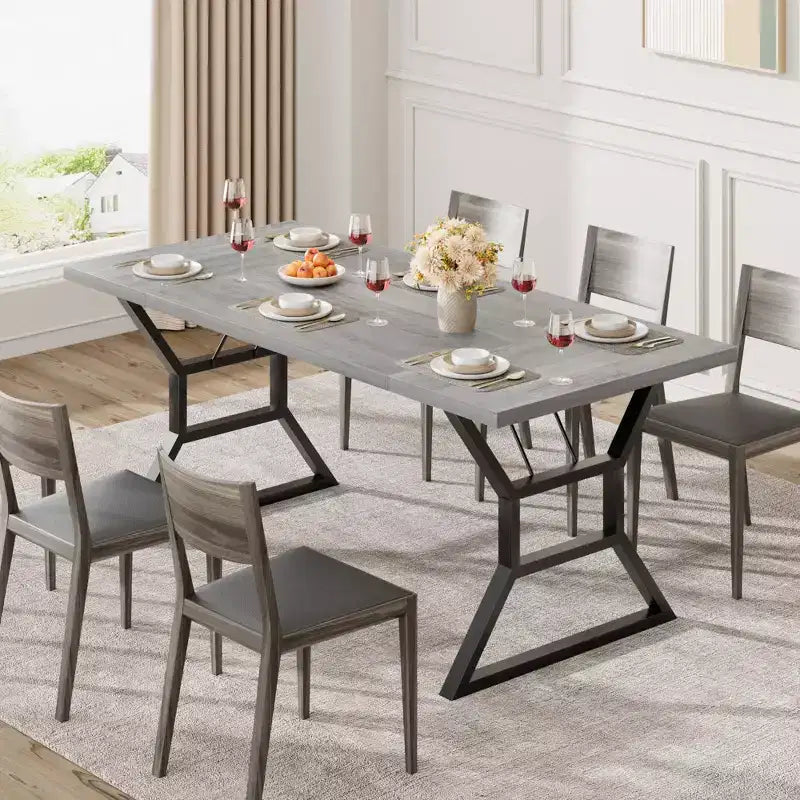 Table à manger rectangulaire de ferme pour 6 personnes, plateau en bois massif rustique et pieds en métal robustes, table de cuisine et de salle à manger solide pour les repas en famille