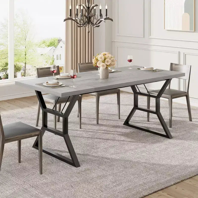 Table à manger rectangulaire de ferme pour 6 personnes, plateau en bois massif rustique et pieds en métal robustes, table de cuisine et de salle à manger solide pour les repas en famille