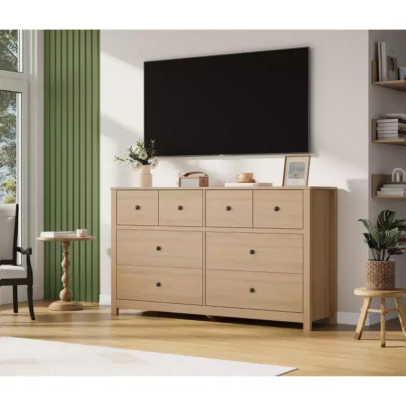 Commode à 8 tiroirs pour chambre à coucher - Commode simple et moderne en bois, double commode de rangement, tiroirs profonds, convient pour salon, couloir, entrée.