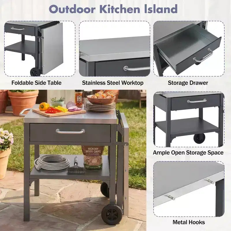 GDFStudio Mavis Chariot de cuisine extérieur pliable en acier inoxydable avec roues