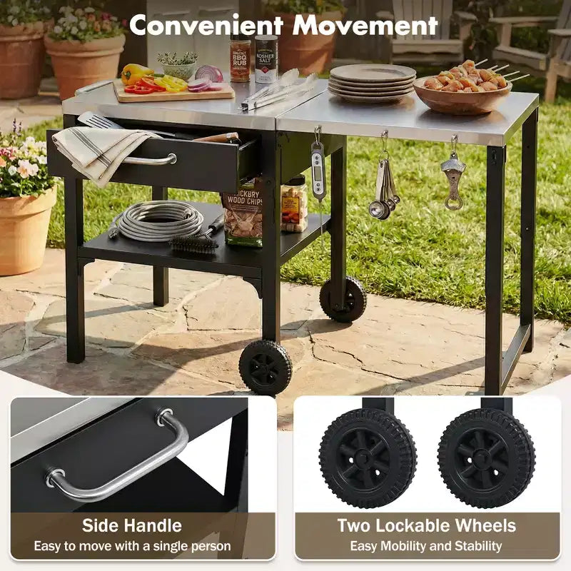 GDFStudio Mavis Chariot de cuisine extérieur pliable en acier inoxydable avec roues