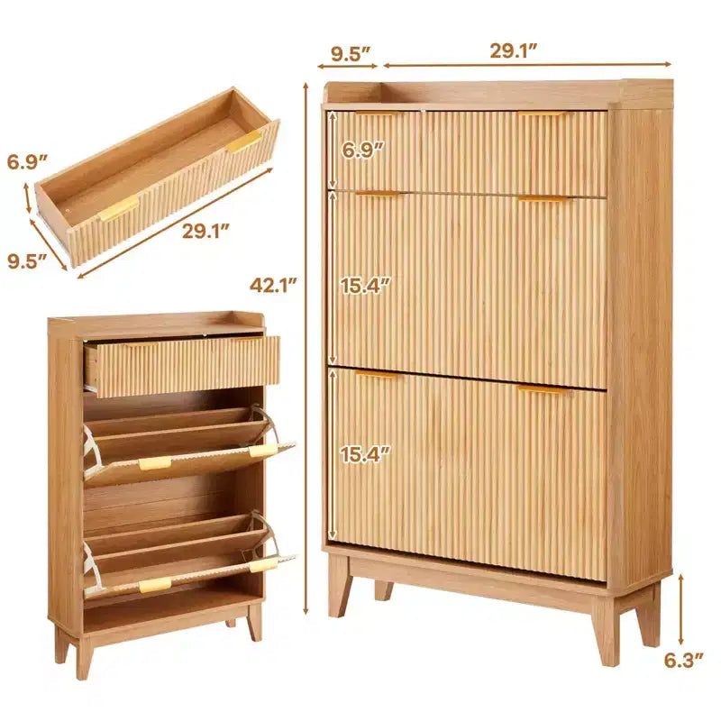 Meuble à chaussures en bois cannelé étroit avec 2 tiroirs abattants et 1 tiroir supérieur, étagère à chaussures dissimulée mince et autoportante avec étagère réglable pour l'entrée