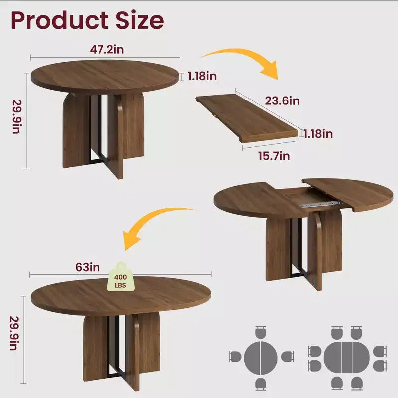LinTimes 47-63 Table à Manger Ronde Extensible, Ferme en Bois pour 4 à 8 Personnes, Pieds Larges et Support Métallique Robuste, Gain de Place pour Cuisine et Appartement