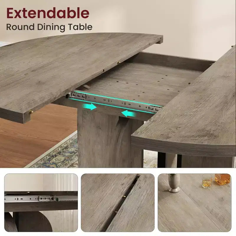 LinTimes 47-63 Table à Manger Ronde Extensible, Ferme en Bois pour 4 à 8 Personnes, Pieds Larges et Support Métallique Robuste, Gain de Place pour Cuisine et Appartement