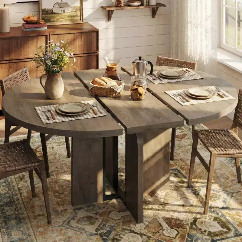 LinTimes 47-63 Table à Manger Ronde Extensible, Ferme en Bois pour 4 à 8 Personnes, Pieds Larges et Support Métallique Robuste, Gain de Place pour Cuisine et Appartement