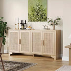 LinTimes Meuble de rangement en rotin naturel avec étagères, buffet à 4 portes, meuble TV console style bohème pour la maison