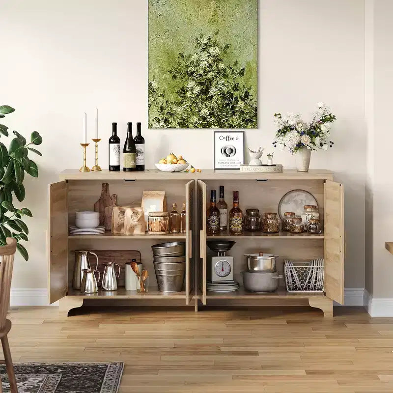 LinTimes Meuble de rangement en rotin naturel avec étagères, buffet à 4 portes, meuble TV console style bohème pour la maison