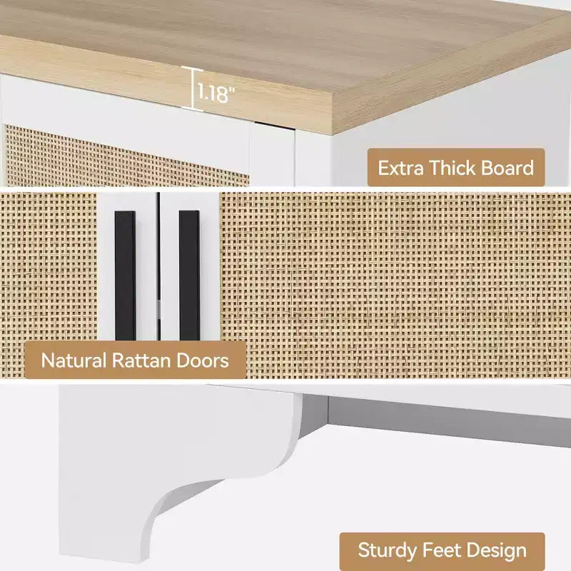 LinTimes Meuble de rangement en rotin naturel avec étagères, buffet à 4 portes, meuble TV console style bohème pour la maison