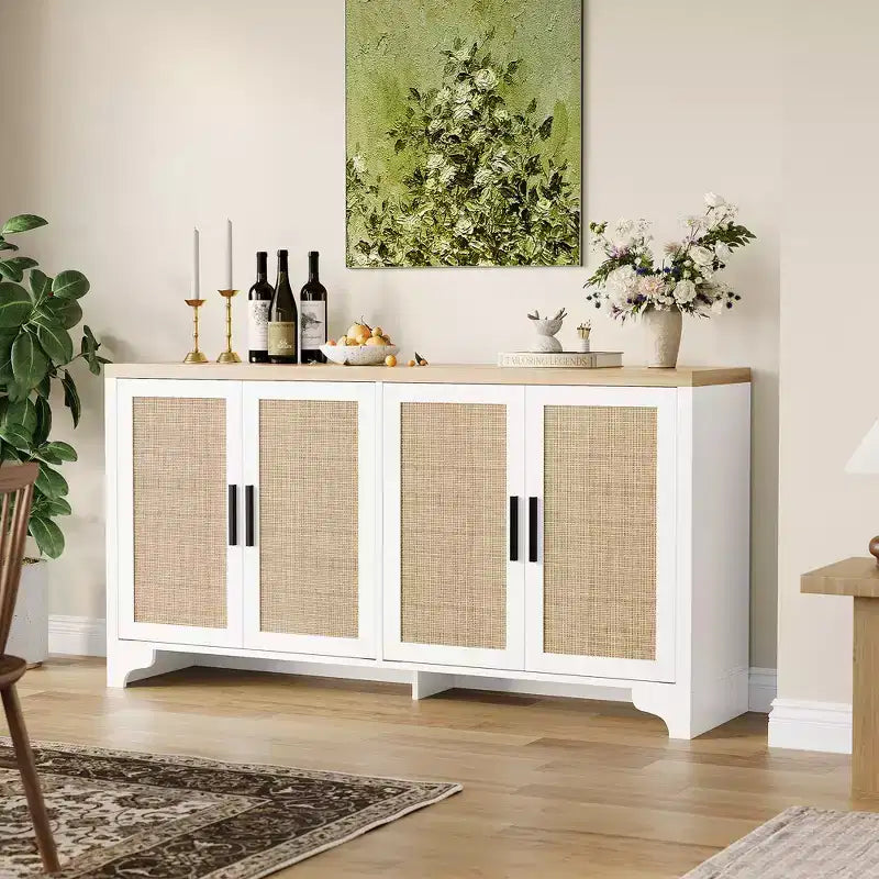 LinTimes Meuble de rangement en rotin naturel avec étagères, buffet à 4 portes, meuble TV console style bohème pour la maison