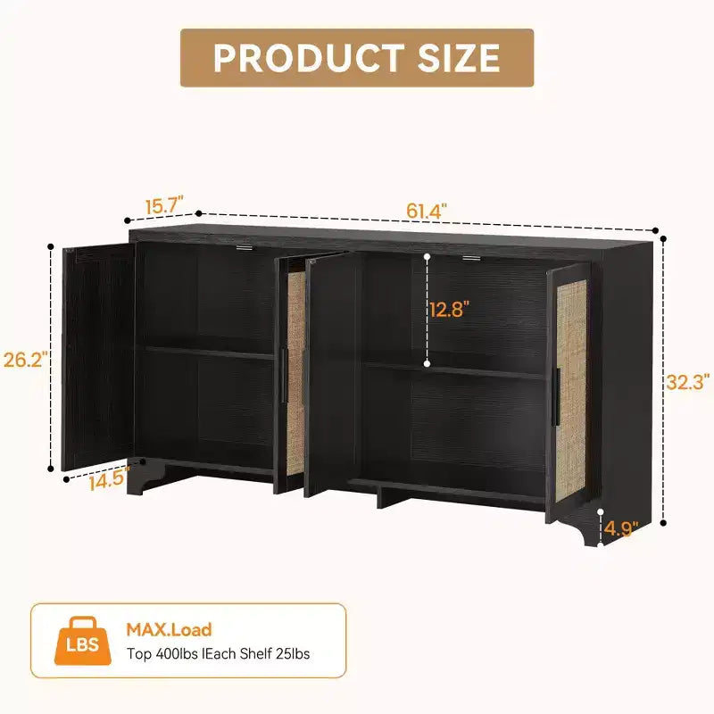 LinTimes Meuble de rangement en rotin naturel avec étagères, buffet à 4 portes, meuble TV console style bohème pour la maison