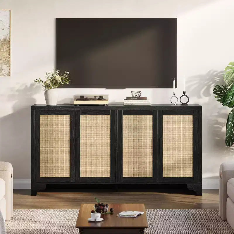 LinTimes Meuble de rangement en rotin naturel avec étagères, buffet à 4 portes, meuble TV console style bohème pour la maison