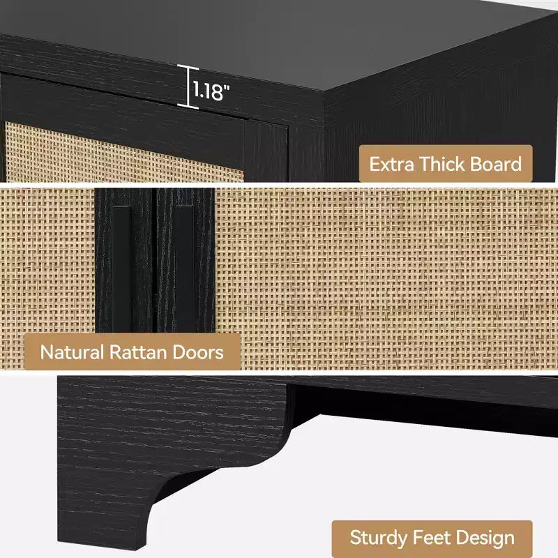LinTimes Meuble de rangement en rotin naturel avec étagères, buffet à 4 portes, meuble TV console style bohème pour la maison