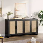 LinTimes Meuble de rangement en rotin naturel avec étagères, buffet à 4 portes, meuble TV console style bohème pour la maison