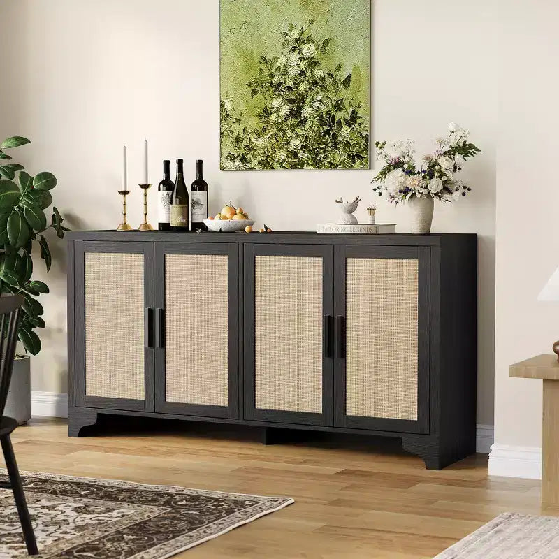 LinTimes Natural Rattan Storage Cabinet with Shelves, 4-Door Sideboard Buffet Cabinet, Boho TV Stand Console Table for Home