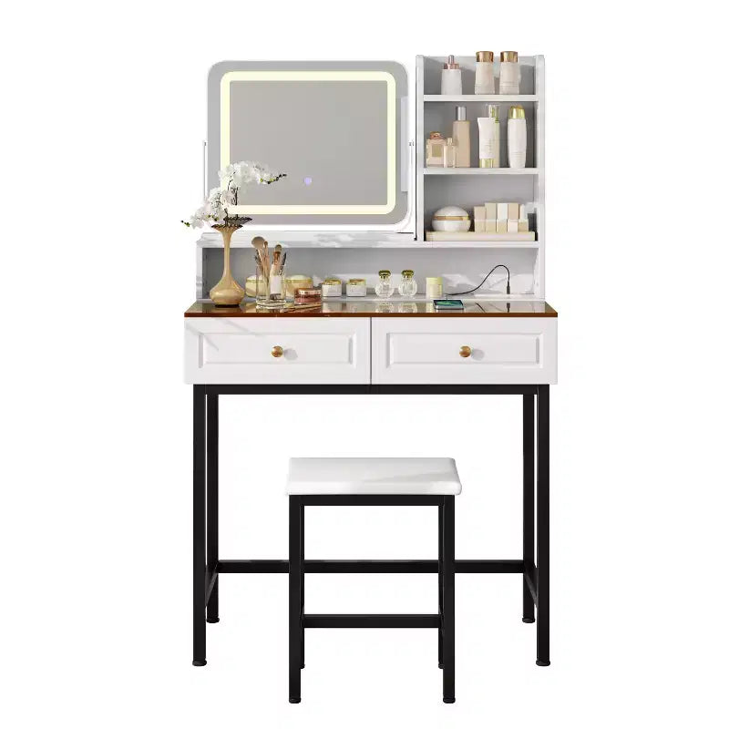 Table de Maquillage Coiffeuse avec Tabouret, Miroir Rotatif à 360° avec 3 Couleurs d'Éclairage, Prise Électrique, Tiroir à Séparateurs Réglables -ModernLuxe