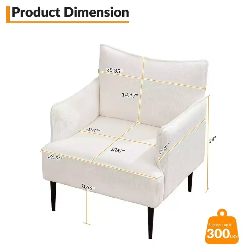 Fauteuil d'appoint moderne en velours côtelé, accoudoirs rembourrés, fauteuil compact tapissé avec pieds en métal, capacité de 136 kg pour salon ou chambre à coucher