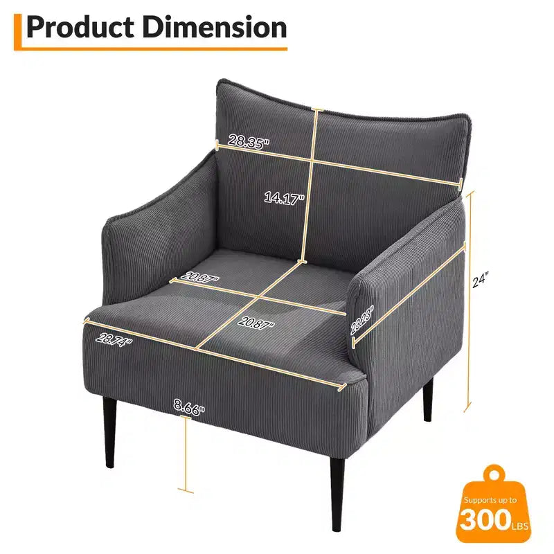 Fauteuil d'appoint moderne en velours côtelé, accoudoirs rembourrés, fauteuil compact tapissé avec pieds en métal, capacité de 136 kg pour salon ou chambre à coucher