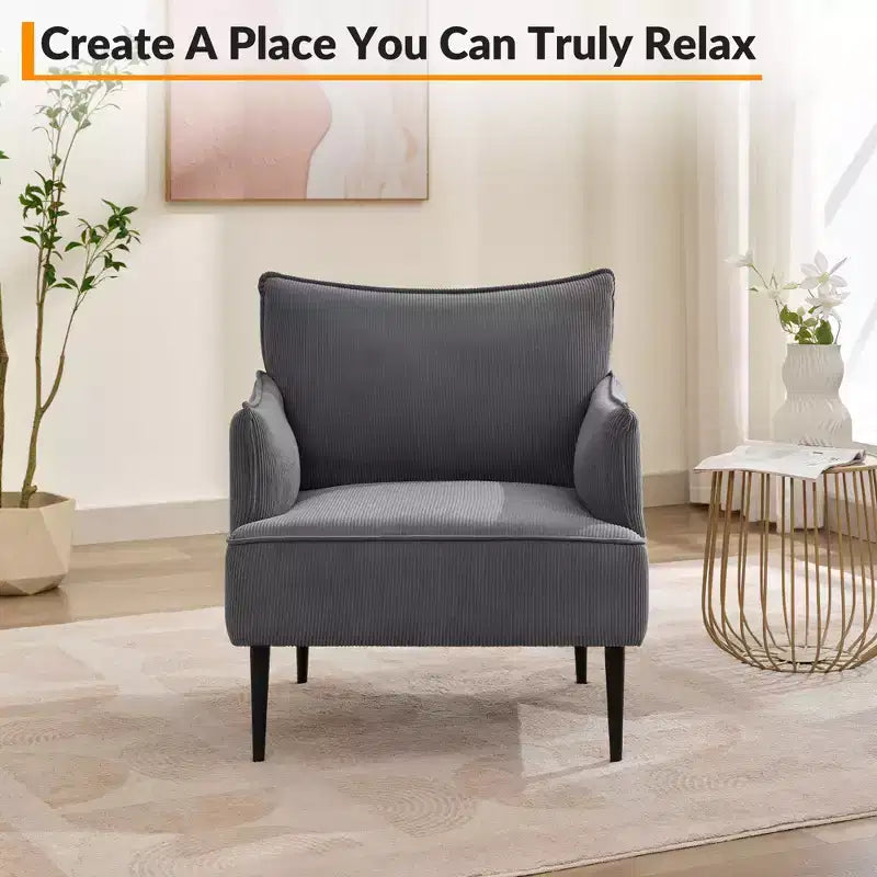 Fauteuil d'appoint moderne en velours côtelé, accoudoirs rembourrés, fauteuil compact tapissé avec pieds en métal, capacité de 136 kg pour salon ou chambre à coucher