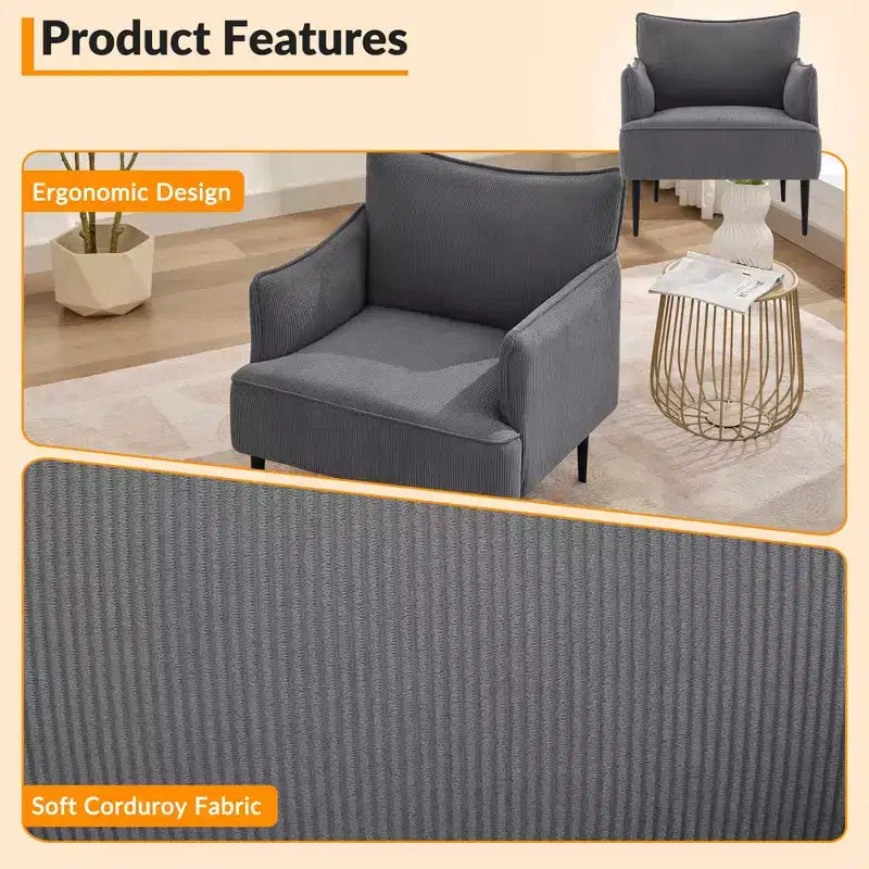 Fauteuil d'appoint moderne en velours côtelé, accoudoirs rembourrés, fauteuil compact tapissé avec pieds en métal, capacité de 136 kg pour salon ou chambre à coucher