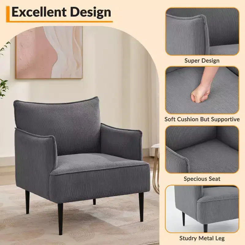 Fauteuil d'appoint moderne en velours côtelé, accoudoirs rembourrés, fauteuil compact tapissé avec pieds en métal, capacité de 136 kg pour salon ou chambre à coucher