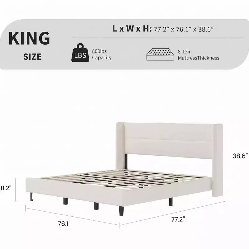 Cadre de lit capitonné en velours avec tête de lit à oreilles - Lit plateforme rembourré avec lattes en bois robustes, aucun sommier tapissier requis, montage facile