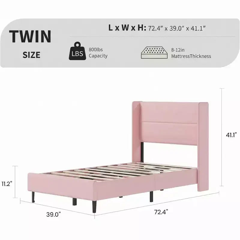Cadre de lit capitonné en velours avec tête de lit à oreilles - Lit plateforme rembourré avec lattes en bois robustes, aucun sommier tapissier requis, montage facile