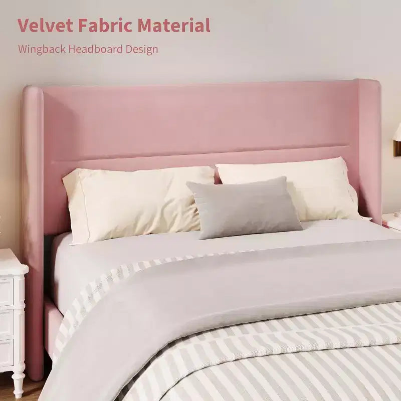 Cadre de lit capitonné en velours avec tête de lit à oreilles - Lit plateforme rembourré avec lattes en bois robustes, aucun sommier tapissier requis, montage facile