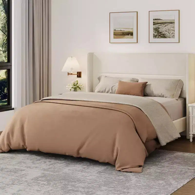 Velvet Tufted Wingback Bed Frame  Upholstered Platform Bed with Strong Wood Slats, No Box Spring Needed, Easy Assembly