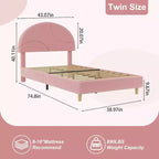 Cadre de lit jumeau avec tête de lit ronde en bouclé tapissée, design en forme d'arche en rose tendre et blanc, lit moderne pour enfants avec lattes en bois