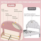 Cadre de lit jumeau avec tête de lit ronde en bouclé tapissée, design en forme d'arche en rose tendre et blanc, lit moderne pour enfants avec lattes en bois