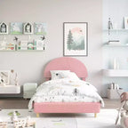 Cadre de lit jumeau avec tête de lit ronde en bouclé tapissée, design en forme d'arche en rose tendre et blanc, lit moderne pour enfants avec lattes en bois