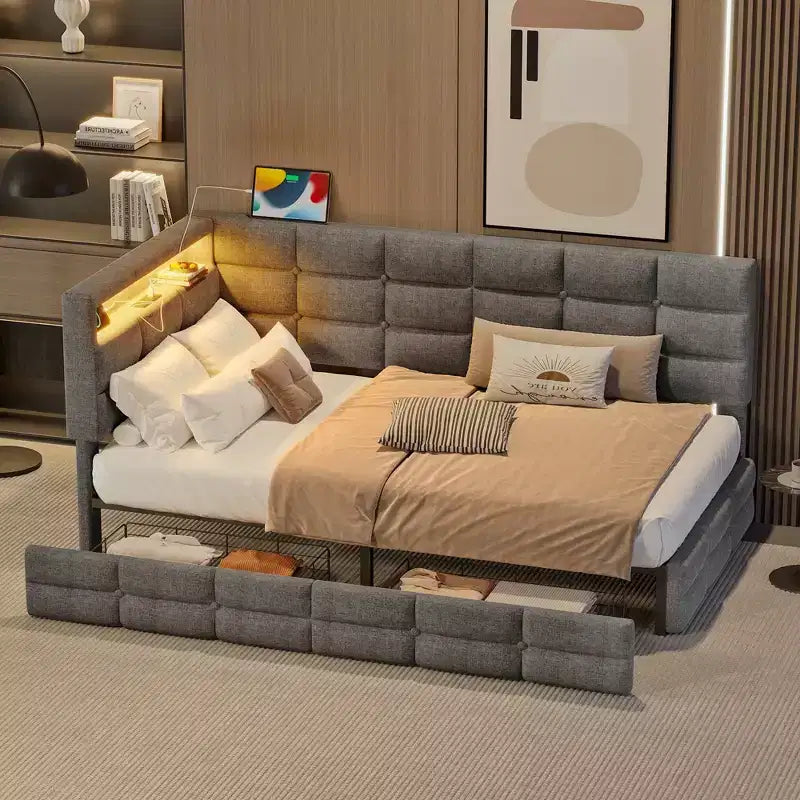 Lit de repos capitonné FAMYYT pour jumeaux avec 2 tiroirs, station de charge, lumières LED et tête de lit de rangement, assemblage facile