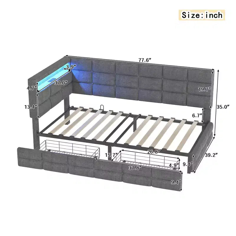 Lit de repos capitonné FAMYYT pour jumeaux avec 2 tiroirs, station de charge, lumières LED et tête de lit de rangement, assemblage facile