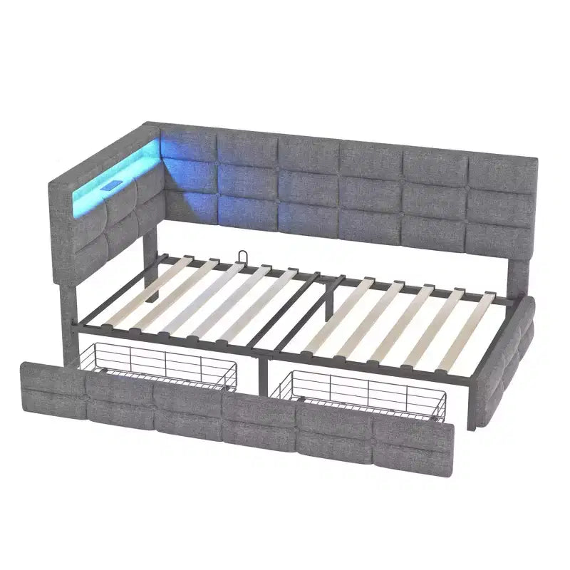 Lit de repos capitonné FAMYYT pour jumeaux avec 2 tiroirs, station de charge, lumières LED et tête de lit de rangement, assemblage facile
