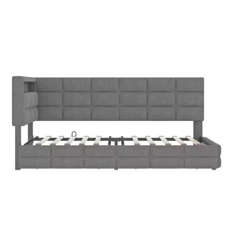 Lit de repos capitonné FAMYYT pour jumeaux avec 2 tiroirs, station de charge, lumières LED et tête de lit de rangement, assemblage facile
