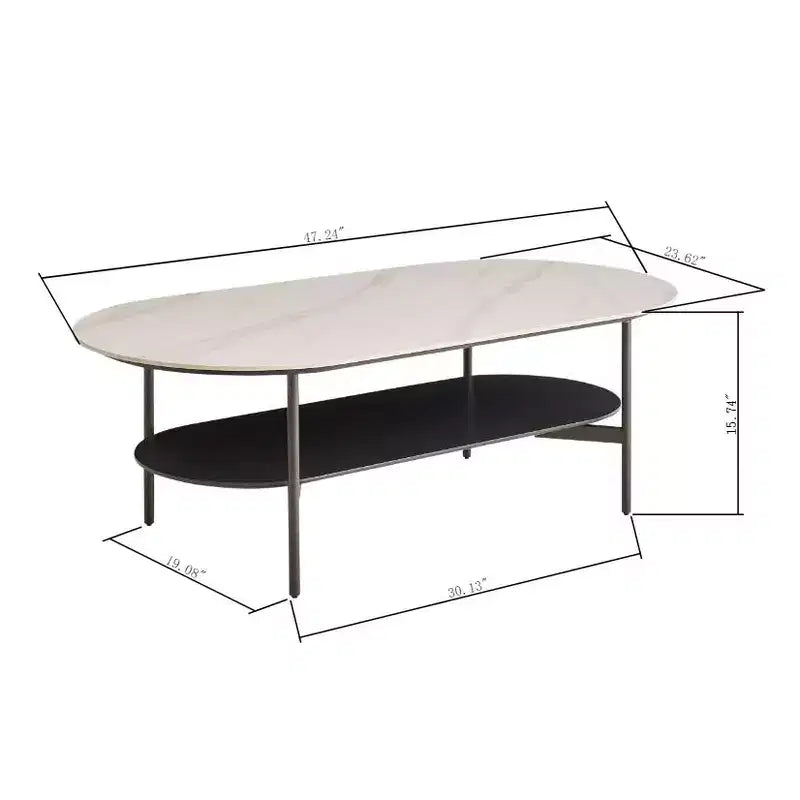 Table basse JVNOXK en céramique blanche avec étagère inférieure marron café, table basse à 2 niveaux en MDF et cadre en acier pour le salon