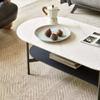 Table basse JVNOXK en céramique blanche avec étagère inférieure marron café, table basse à 2 niveaux en MDF et cadre en acier pour le salon
