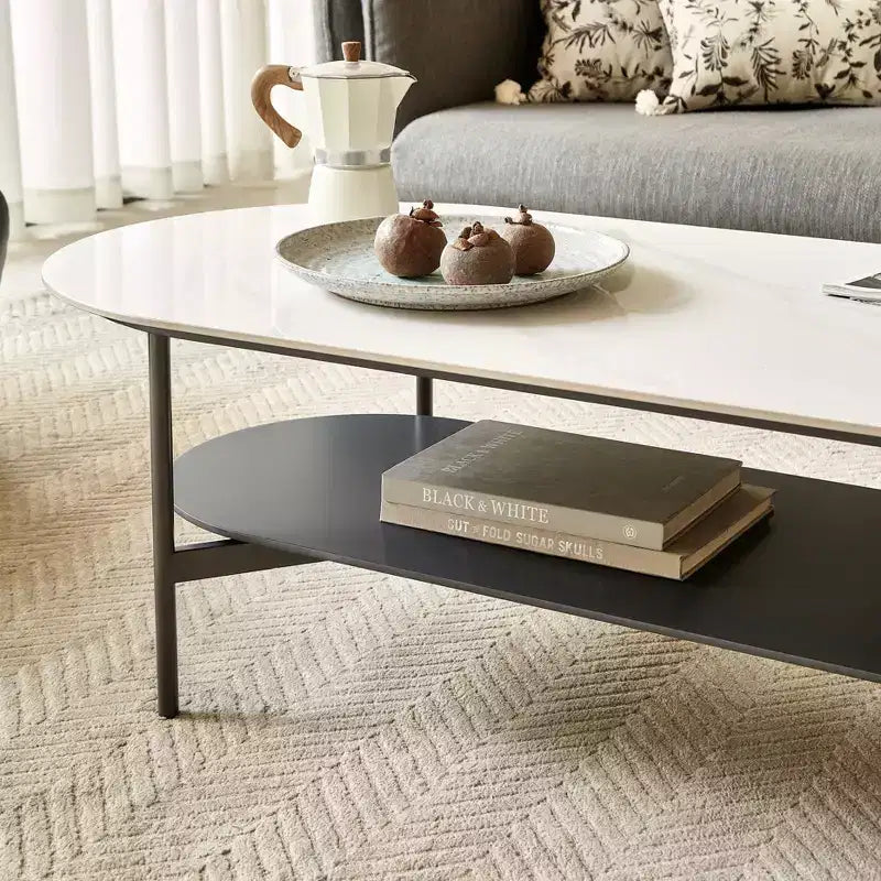 Table basse JVNOXK en céramique blanche avec étagère inférieure marron café, table basse à 2 niveaux en MDF et cadre en acier pour le salon