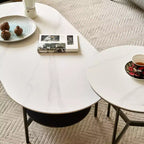 Table basse JVNOXK en céramique blanche avec étagère inférieure marron café, table basse à 2 niveaux en MDF et cadre en acier pour le salon