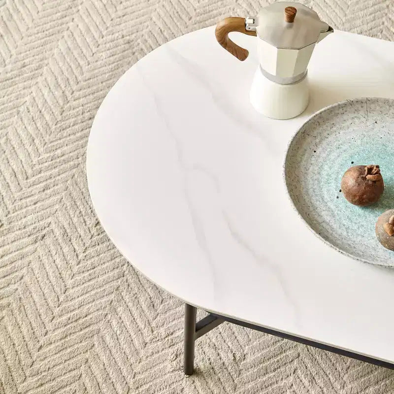 Table basse JVNOXK en céramique blanche avec étagère inférieure marron café, table basse à 2 niveaux en MDF et cadre en acier pour le salon