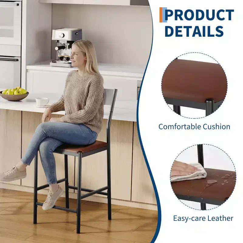 Tabourets de bar modernes en cuir PU, hauteur comptoir de 61 cm, dossier incurvé et repose-pieds, rembourrés, capacité de 136 kg pour la maison ou le bureau
