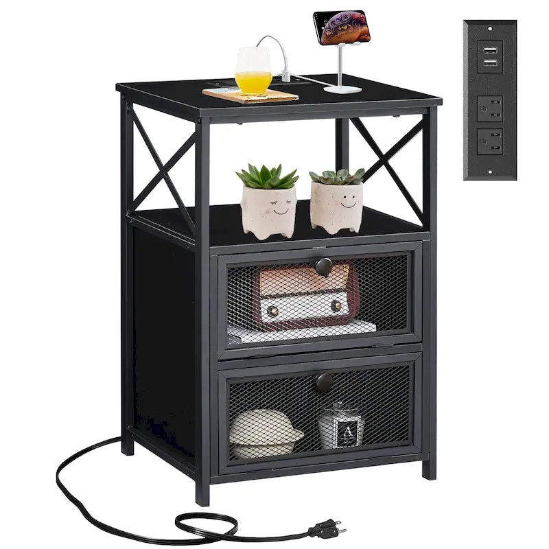 Table de chevet avec station de charge et 2 tiroirs basculants, 2 ports USB et 2 prises de courant